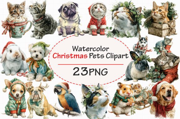 Download Watercolor Christmas Pets Clipart Bundle - Pet Collection