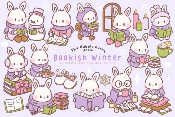 Download Kawaii Bunny Bookish Winter Clipart - Bunny Collection